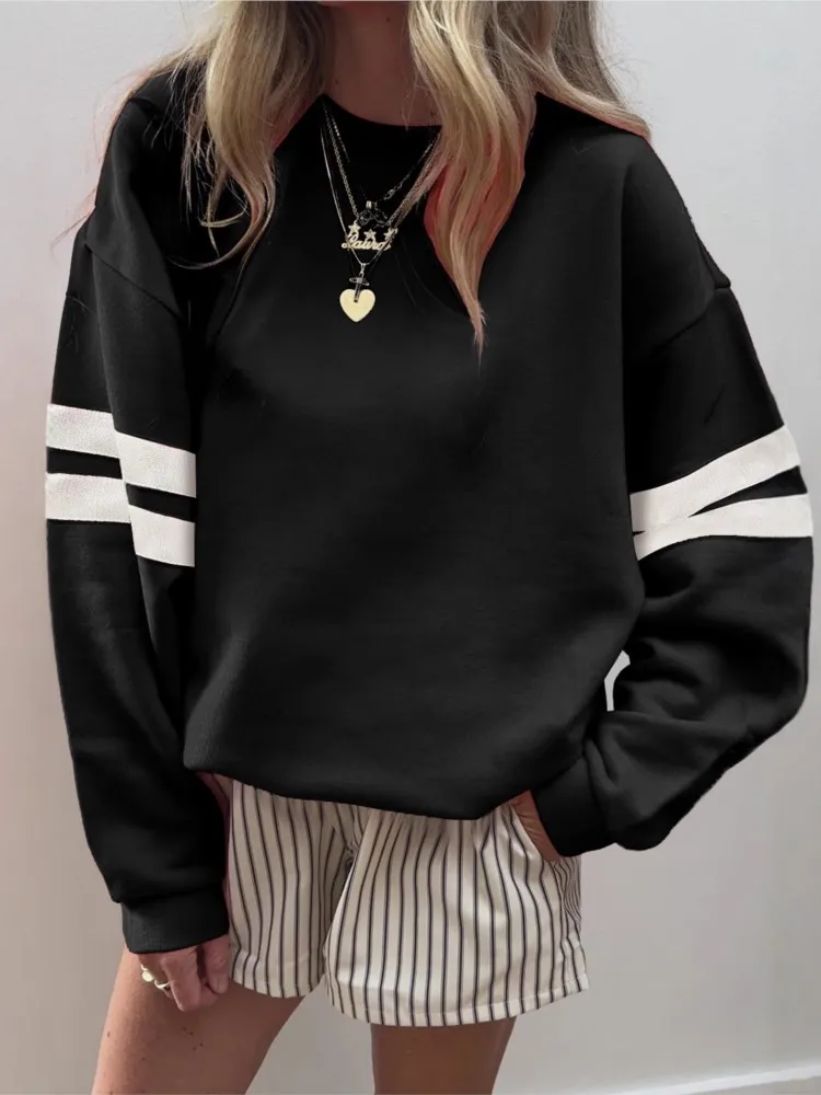New Women Striped Color Block Pullover Drop Shoulder Hoodie Autumn Casual Loose O Neck Sweatshirt Comfortable Long Sleeve Top