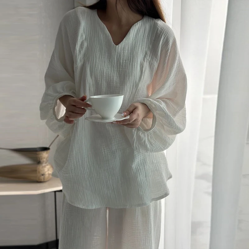 White 2 Piece Sets Women Muslin 100% Cotton Gauze V-neck Long Sleeve Shirts High Wasit Pants Casual Loose Streetwear Suits 2025