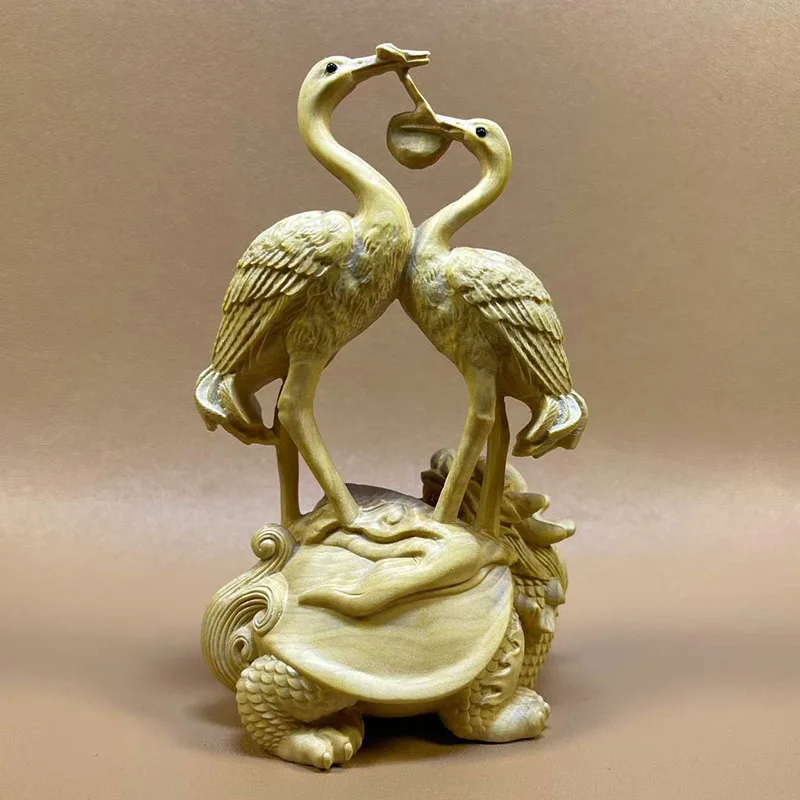 BY276 - 15 X 9 x 6 CM Boxwood Carved Figurine - 2 Cranes and Dragon Turtle