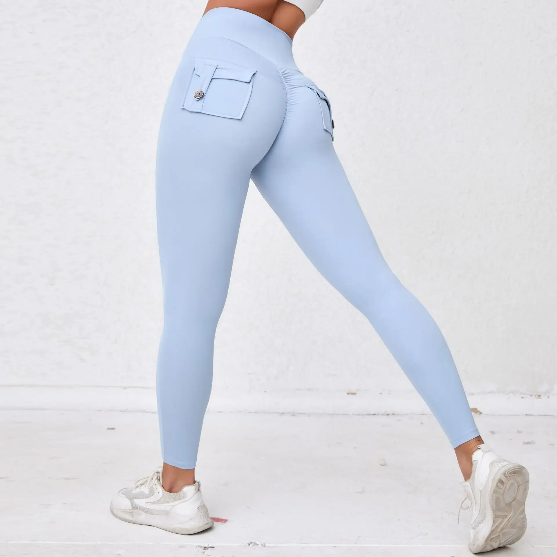 

Workwear Skinny Pocket Yoga Pants Women High Waist Stretch Hip Lift Button Quick Dry Comfortable Running Fitness Pants Women