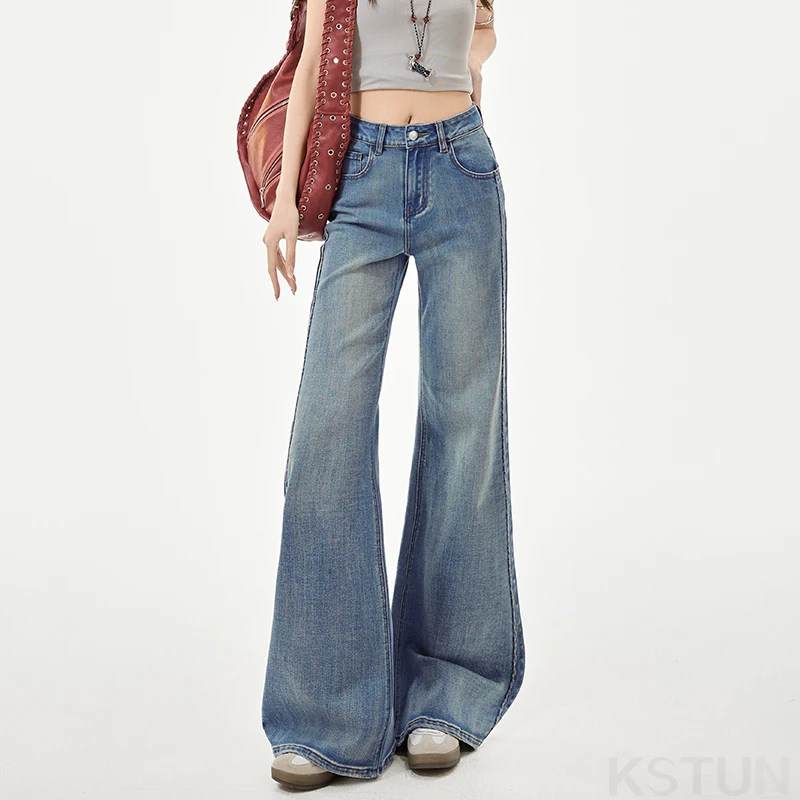 KSTUN Women's Jeans Stretch High-waisted Bell-bottom Jeans For Women Vintage Patchwork Stripes Mom Straight Leg Flared Pants
