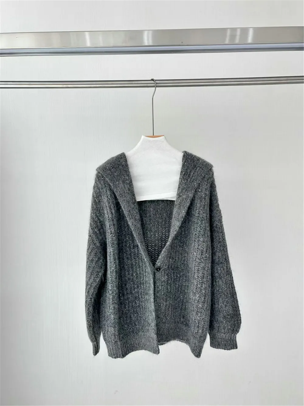 Women's 25 Autumn/Winter Hooded Collar One Button Button Horsehair Cashmere Blended Cardigan Sweater Jacket