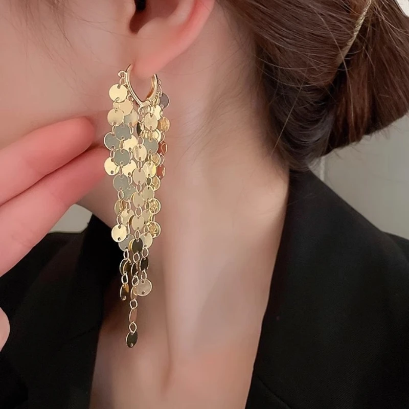 ANENJERY Sparkling Long Tassel Hoop Earrings for Women French Simple Circle Ear Buckles Handmade New Trend Jewelry Gifts