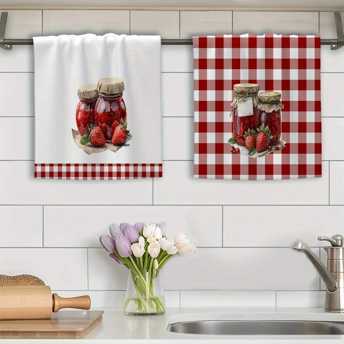 [JIT] Cleaning Cloth 2PCs Kitchen Towels, Strawberry Jam Jars Vivid Patterns