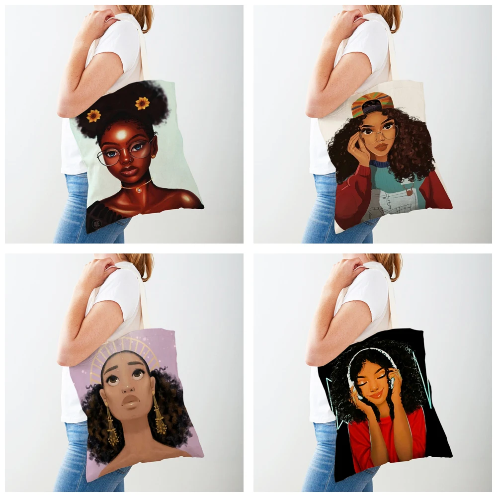 Bolso de compras informal de lona negro para mujer, bolso de mano reutilizable a la moda con dibujos animados, hermosa chica africana, bolso de compras para mujer