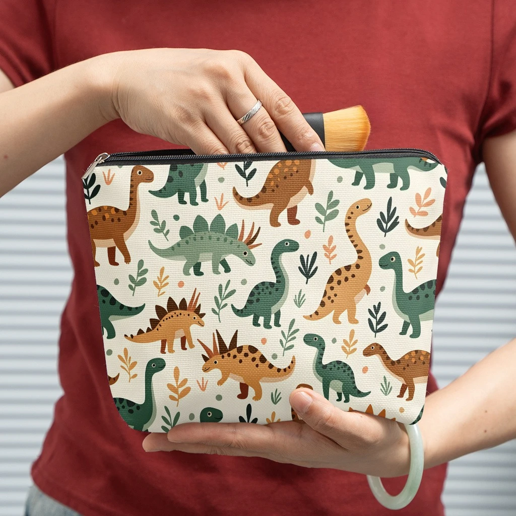Cute Cartoon Dinosaur Green Leaf Print Cosmetic Bag Zipper Makeup Pouch Portable Travel Storage Bag Dino Lover Gift