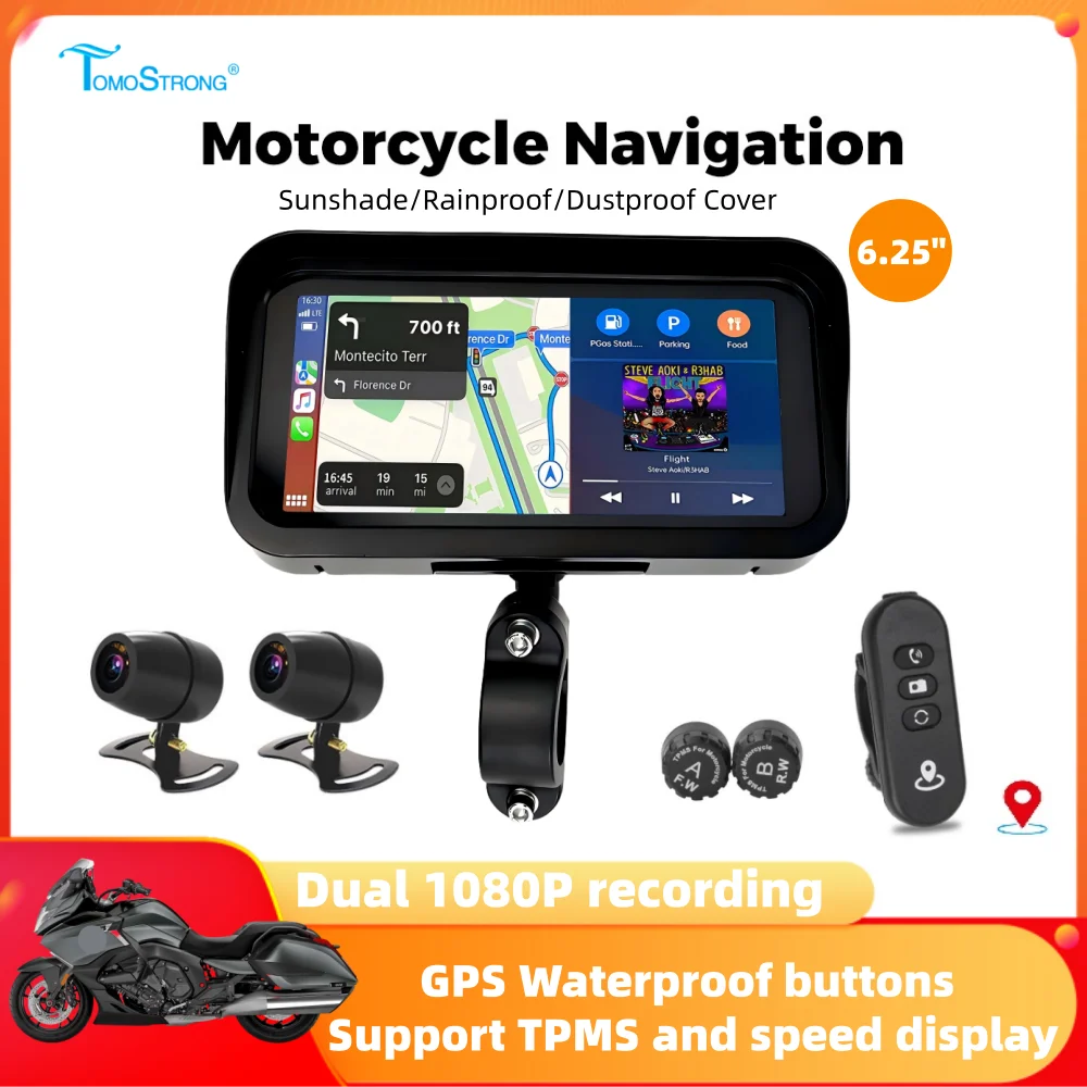 2026 جديد محمول 6.25 بوصة IP67 مقاوم للماء للدراجات النارية نظام تحديد المواقع والملاحة موتو Carplay أندرويد السيارات موتو مراقب المزدوج 1080P تسجيل
