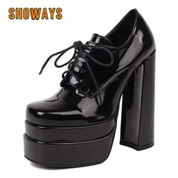 Black Pink Microfiber Dual Platform Pumps Women High Chunky Heels Derbies Square Toe Party Dress Lady Retro Lace-up Brogue Shoes