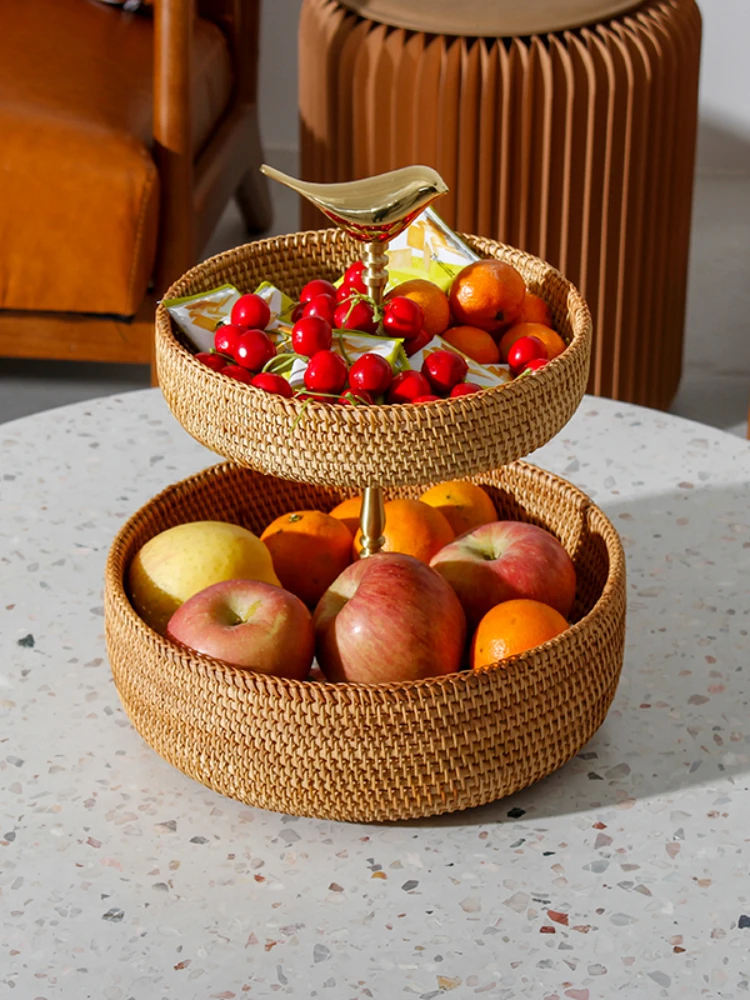 Golden multi-layer dining table rattan fruit bowl household coffee table brass bamboo basket double-layer dry water fruit bowl