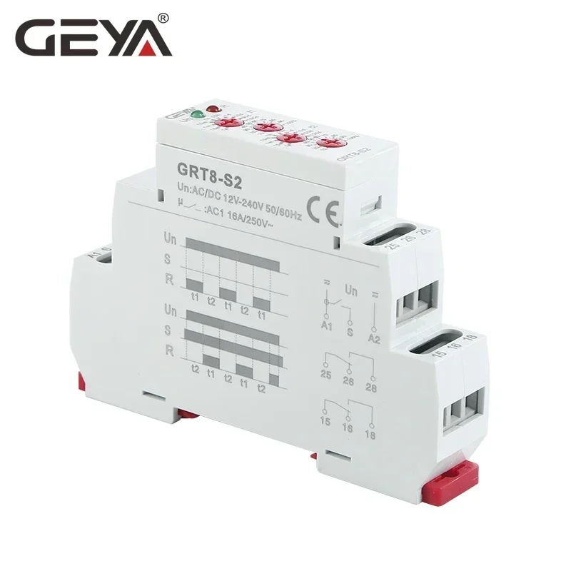 GEYA GRT8-S 비대칭 사이클 타이머 릴레이 SPDT 220V 16A AC/DC12V-240V 전자 반복 릴레이
