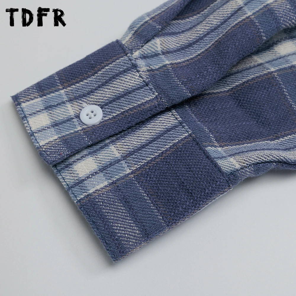 Retro Plaid Long Sleeve Shirts Mens Pocket Letter Embroidery Autumn Casual Loose Long Sleeve Single Breasted Cotton Shirts Man