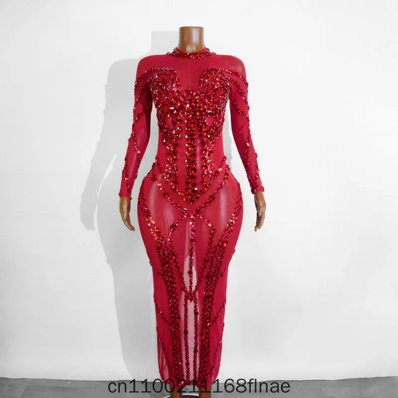 New Modern Dance Outfit with Sparkling Crystal Rhinestone Sequins Long Sleeved Mesh Dress Stage European and American