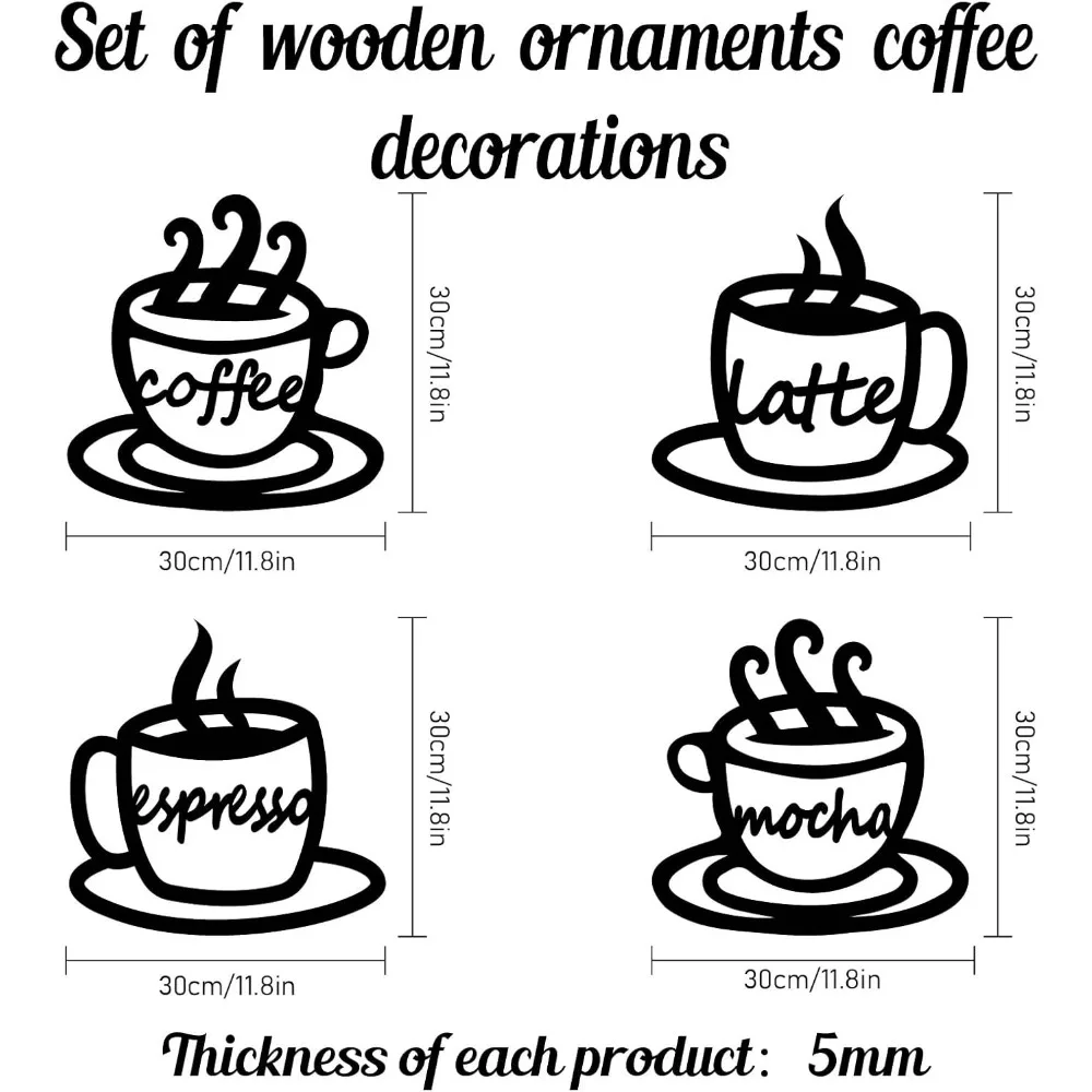 4 Pcs Coffee Wall Art Wooden Espresso Written Art Wall Decor Black Latte Word Hollow Wall Signs Wooden Hanging Decor