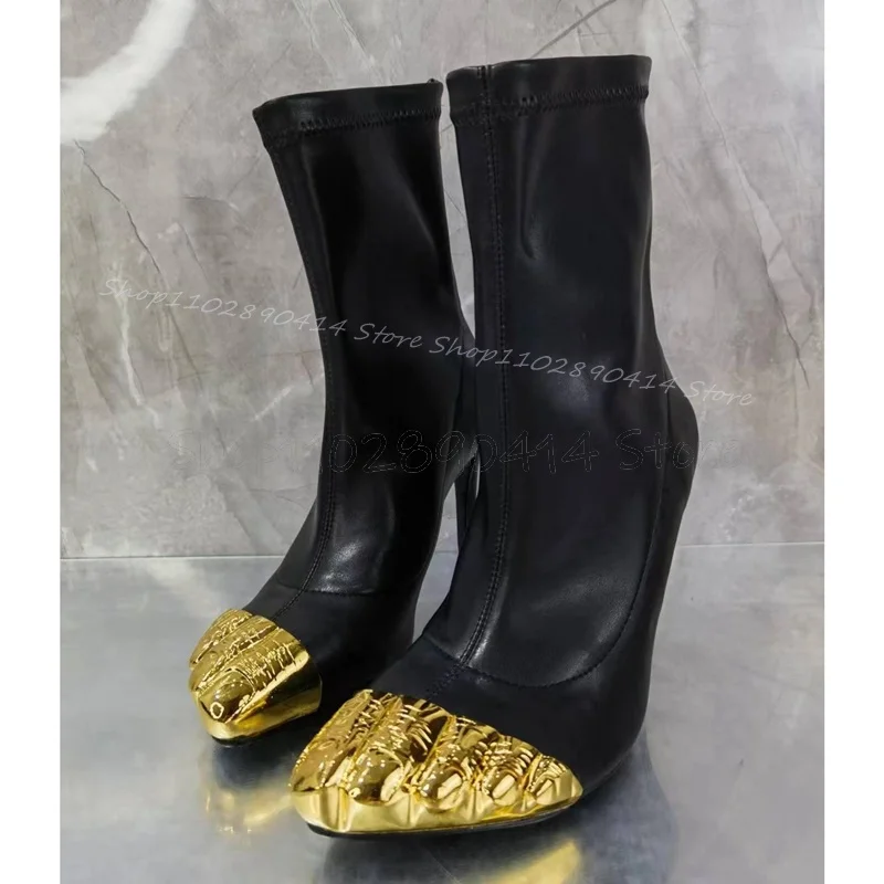 

Black Mid Calf Gold Five Fingers Runway Boots Back Zipper Women Shoes Thin High Heels Fashion Banquet 2024 Zapatos Para Mujere