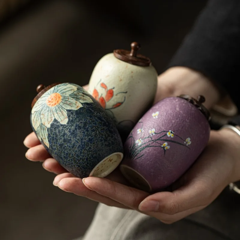 Ceramic Flower Tea Canister with Wooden Lid Sealed Candy and Snack Jar Portable Home-use Storage for Nuts Coffee Beans and Herbs