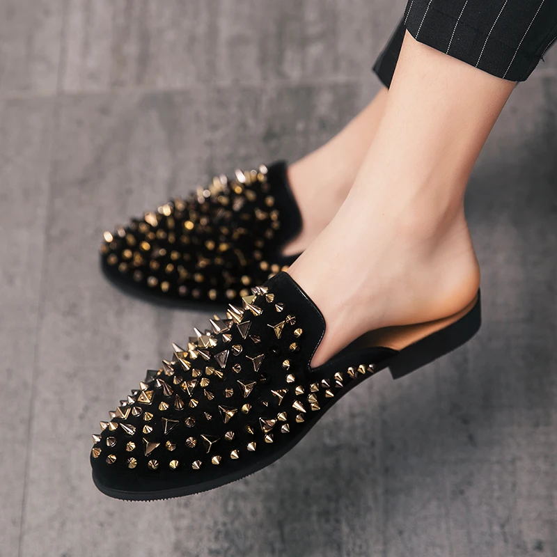 

Men Shoes Mules Loafers Black Diamond Rhinestones Spiked Rivets Shoes Man Wedding Party Shoes for Men