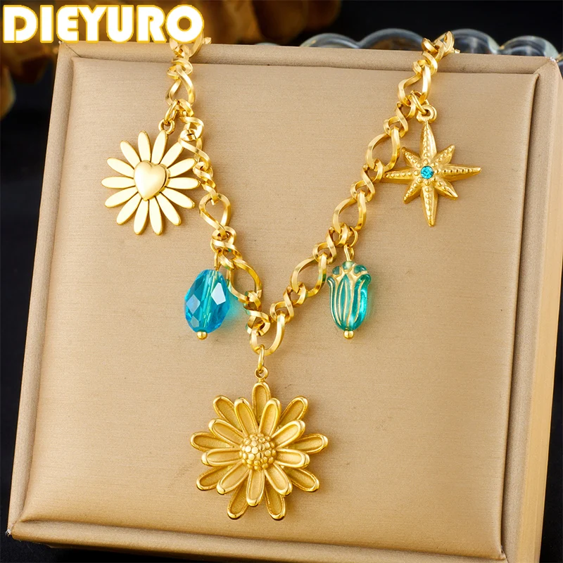 

DIEYURO 316L Stainless Steel Golden Lotus Flower Butterfly Necklace Women Trend Non-Fading Clavicle Chain Jewelry Holiday Gift