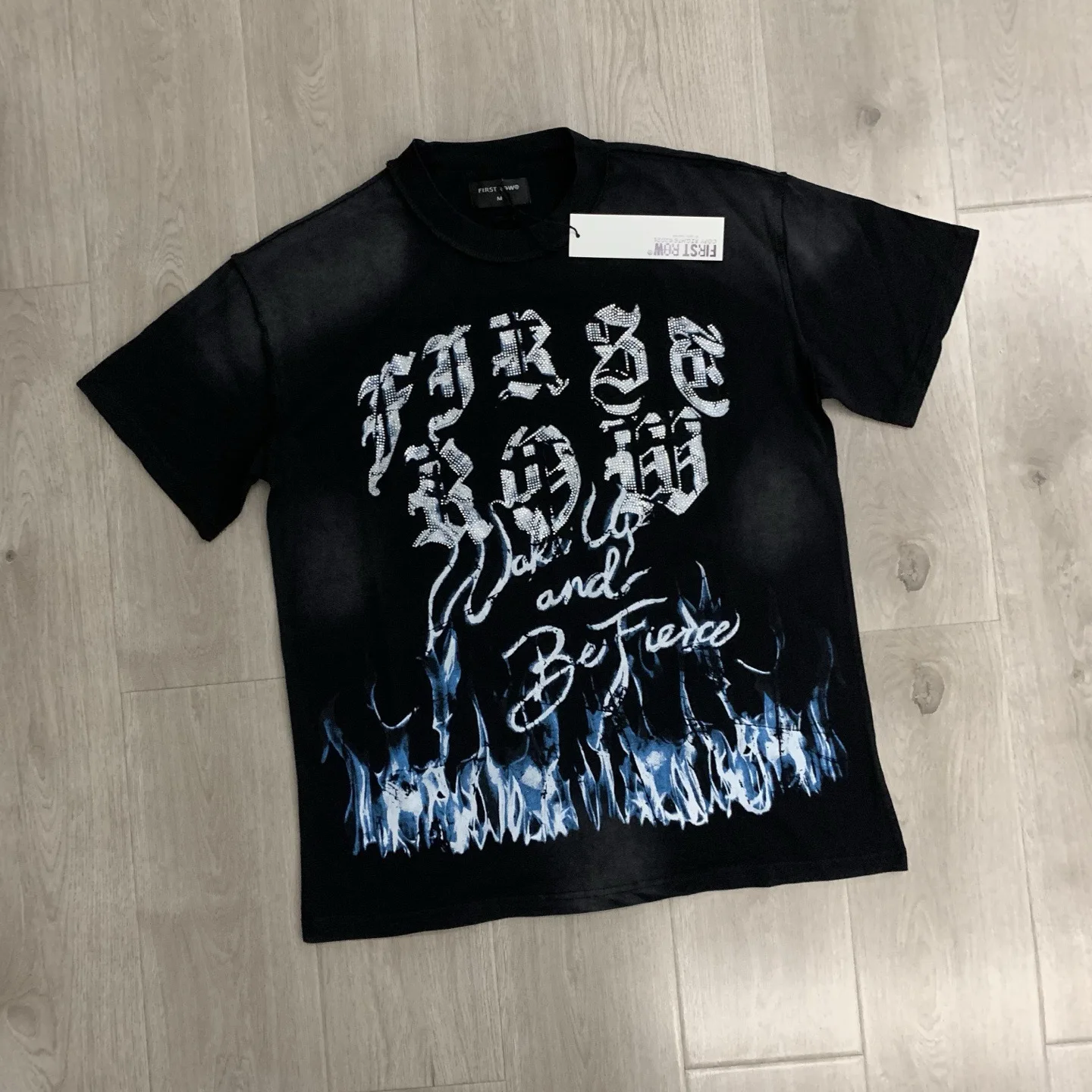 First Row Summer WAKE UP AND BE FIERCE FLAME TEE - Embroidered beads, water wash and distressed short-sleeved T-shirt