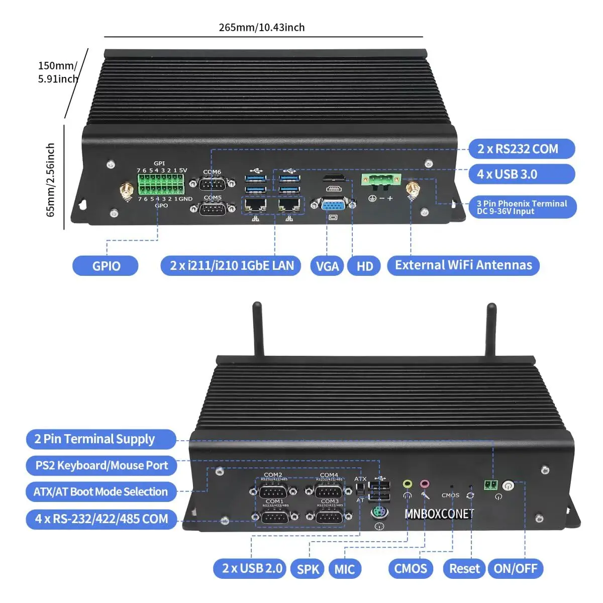 MNBOXCONET i7 10610U Mini PC industriale Firewall senza ventola, 6xRS232 COM 32 GB di RAM 1 TB SSD Micro computer desktop, 2X i211/i210 LAN
