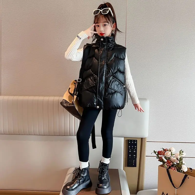 2024 Autumn/Winter Children's Warm Down Vest Coat Girls' Warm Hooded Jacket Tank Top Washable Tank Top Versatile Loose Vest Q22