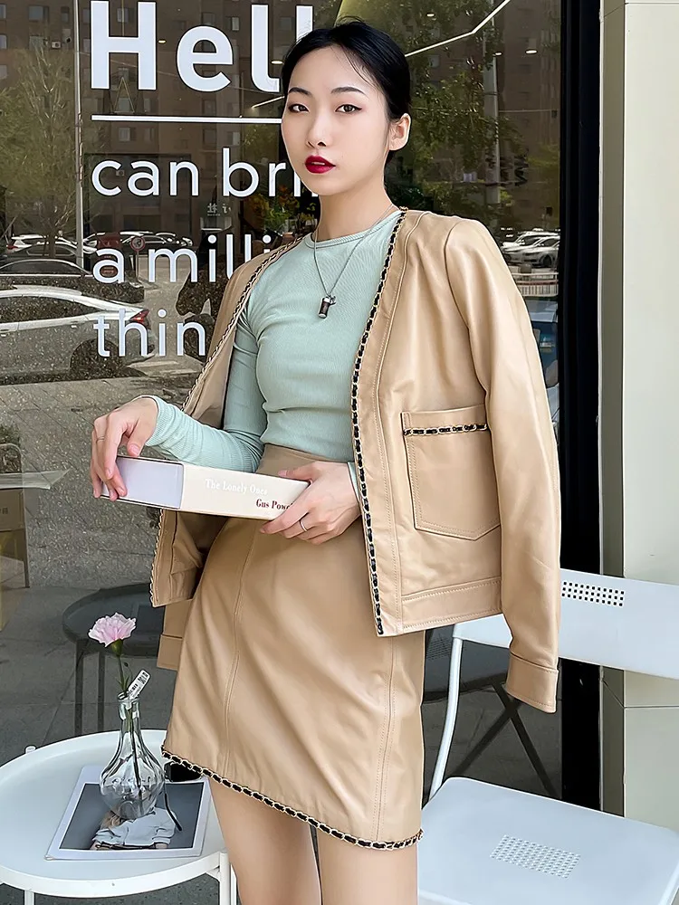 Office Ladies Elegant Cardigan Jacket Chain V-Neck Women Real Sheepskin Genuine Leather Coat Spring Long Sleeve Casual Outerwear