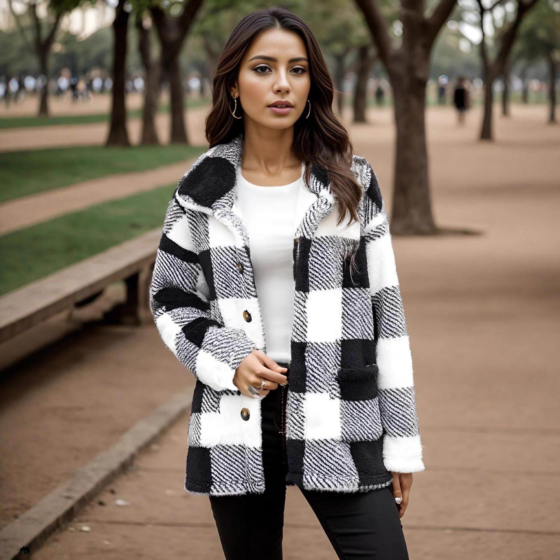 

Loose Plaid Button up Long Sve Coat with kets Furry Outerwear Women's Premium Woolen Coat Thi Winter Commute Sle