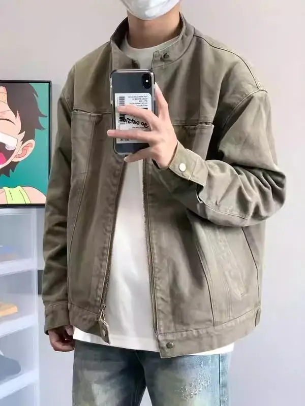 

Ретро-куртка Харрингтон из американского выстиранного канваса для мужчин: модный брендовый дизайн с воротником-стойкой, осенне-зимняя повседневная куртка