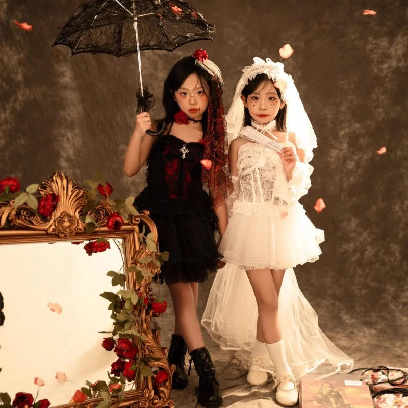 5pcs Kids Halloween Vampire Bride Cosplay Dress Gothic Lolita Girls Lace Tutu Dress Veil Rose Party Fancy Costume for Photoshoot
