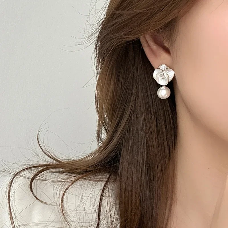 Minar New Trend White Color Enamel Flower Petal CZ Cubic Zircon Simulated Pearl Drop Earrings for Women Daily Wedding Jewelry