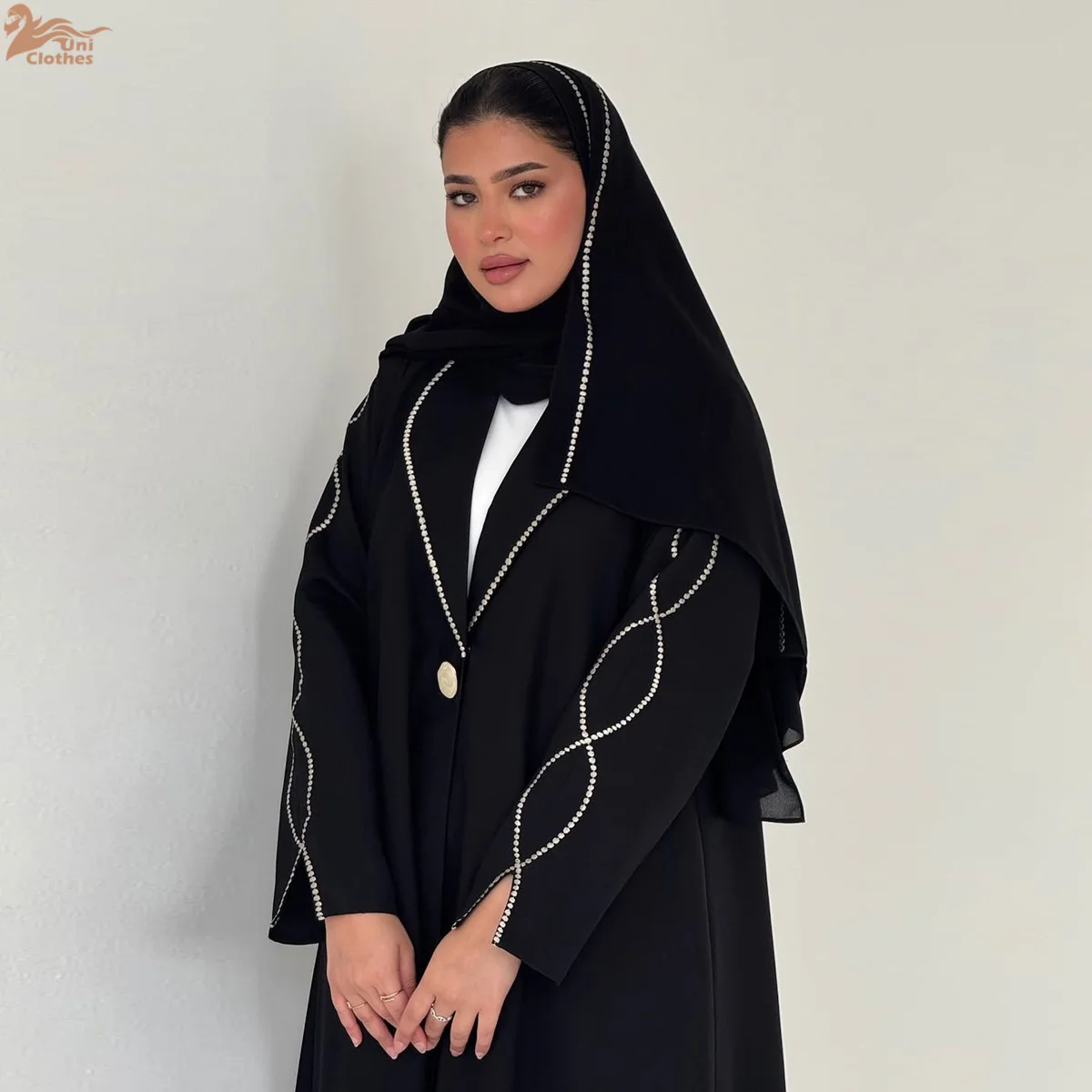 

Uni Ramadan Two-piece Dubai Modest Abaya Dress with Hijab Elegant Middle Eastern Muslim Women Black Cardigan Islamic Turkey Robe