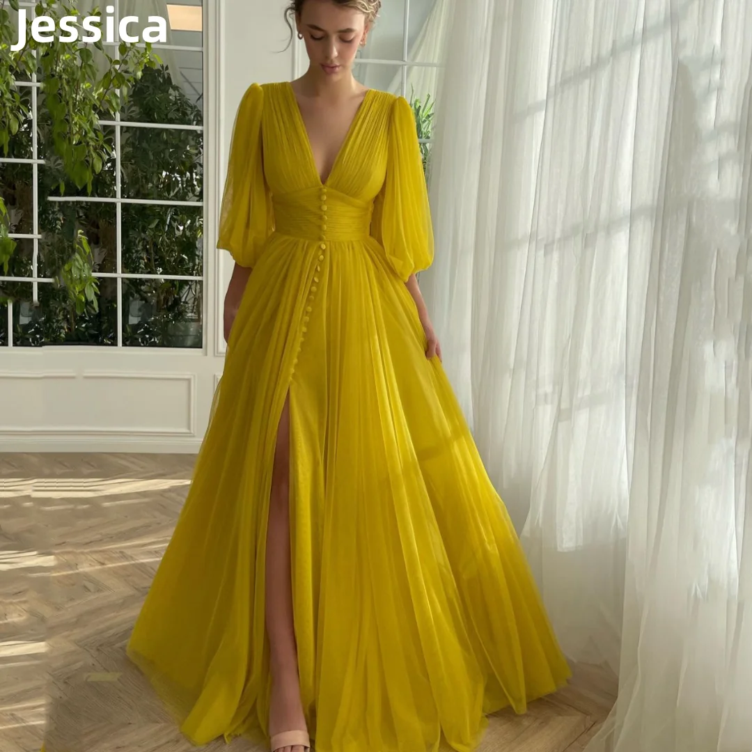 Jessica Tulle Long Sleeves Prom Dresses Elegant Lady Evening Dresses Special Occasion Wedding Party Dresses Vestidos De Noche