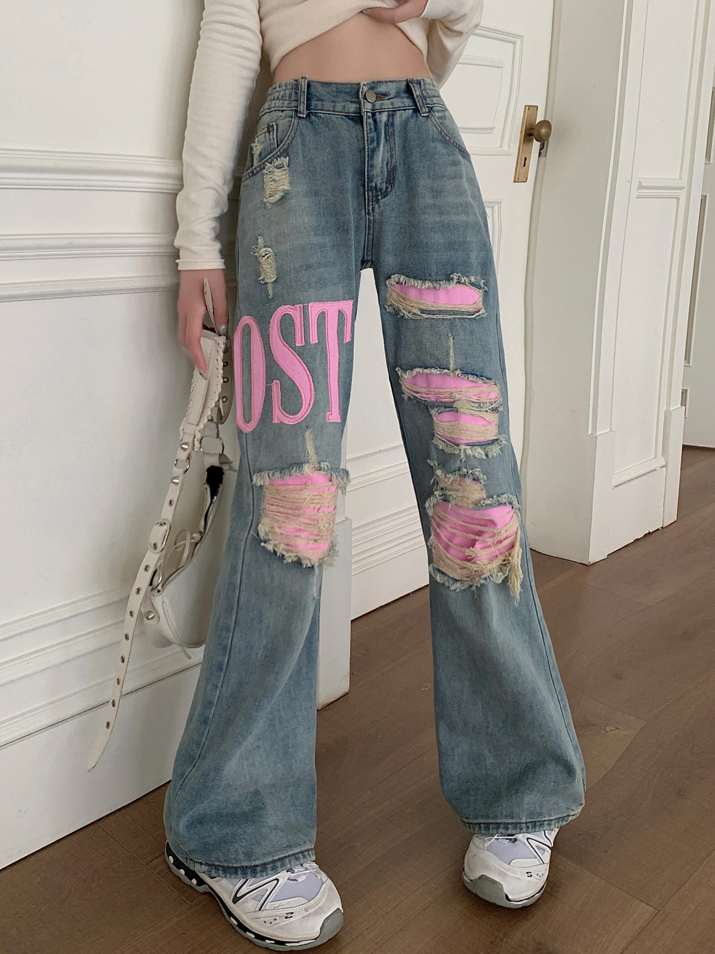 Harajuku Streetwear Retro rosa Loch Mode Frauen hohe Taille Jeans lose weites Bein gerade lose Jeans hose y2k Baggy Pants