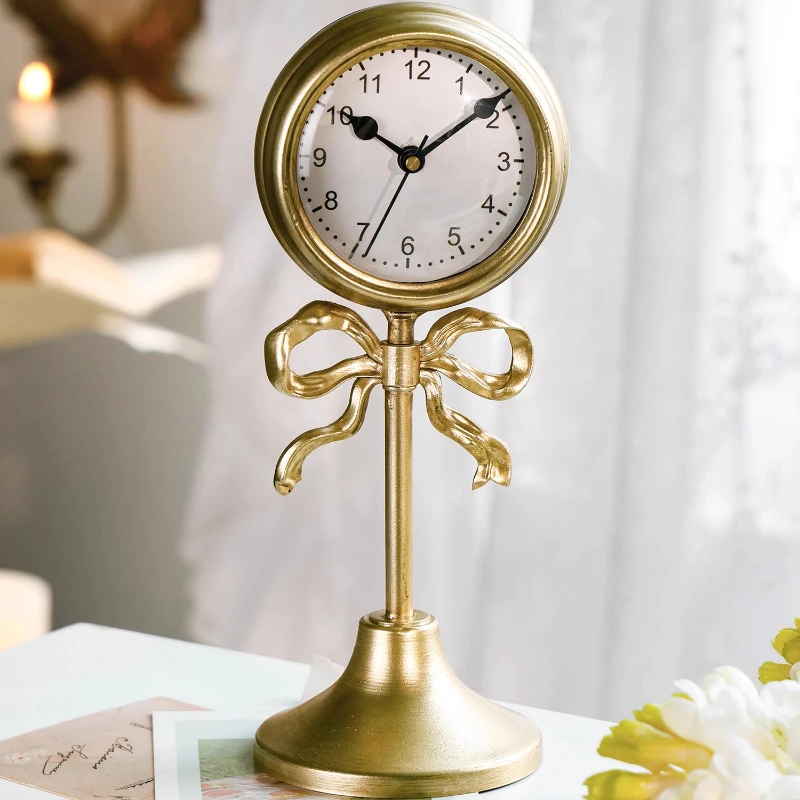 

French Ornamental Desk Clock Vintage Golden Mantel Decor Luxury Gilded Tabletop Timepiece Antique Living Room Display Piece