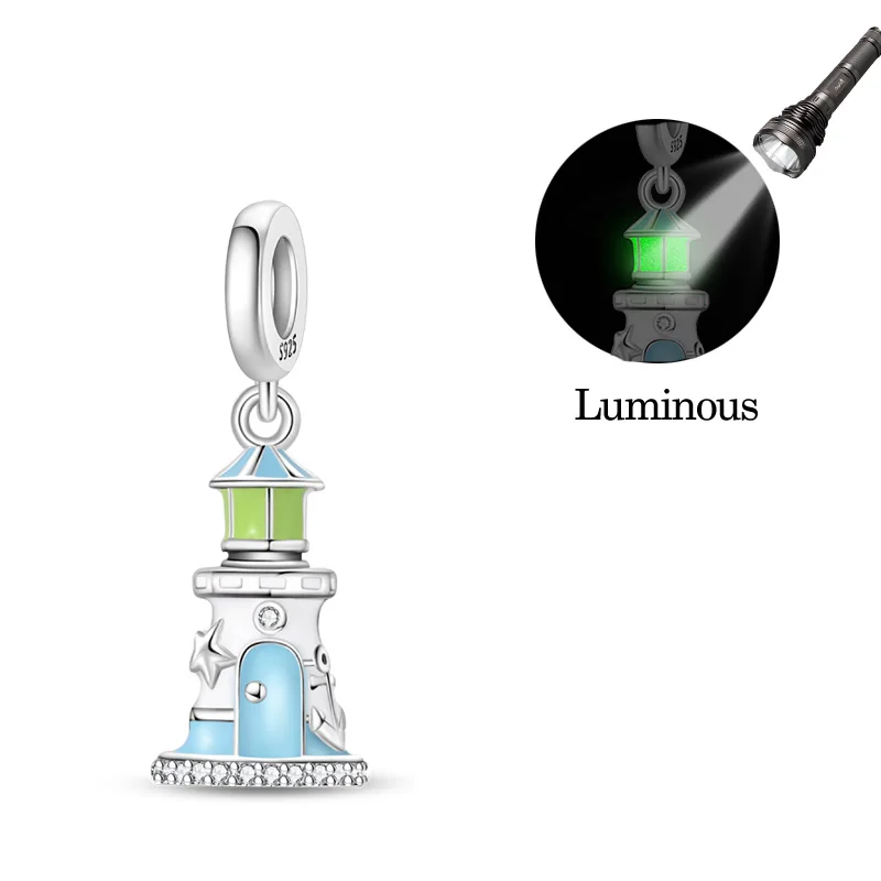 925 Sterling Silver Blue Lighthouse Luminous Charms Pendant For Women Fit Original Bracelet DIY Birthday Party Jewelry Gifts
