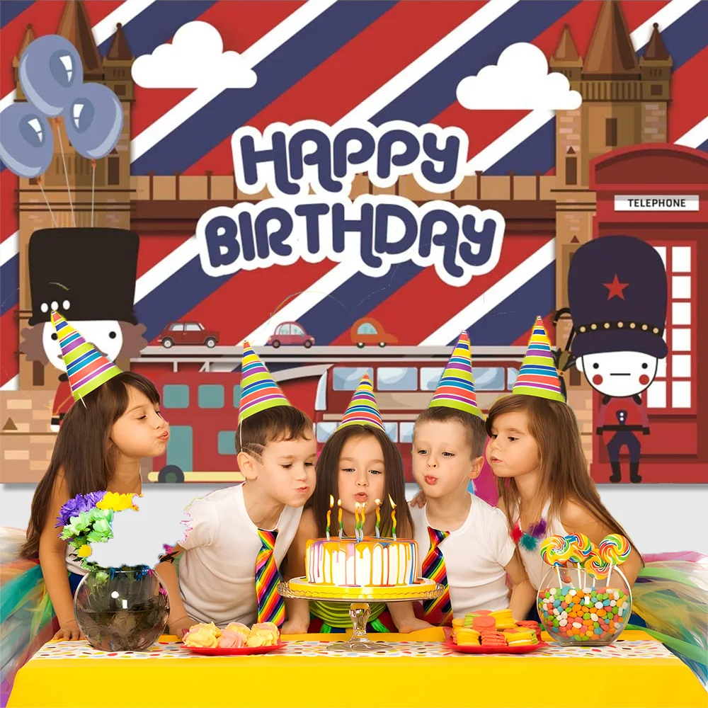 Cartoon London Bus Happy Birthday Background Children Birthday Party Decor Banner London Bridge Big Ben Architecture Poster Prop