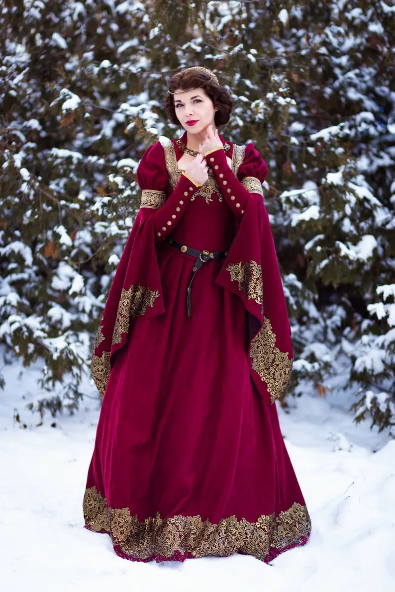 Vestido de fiesta de manga larga de elfo de fantasía, traje de estilo Tudor gótico de encaje dorado, vestido de noche renacentista de hadas