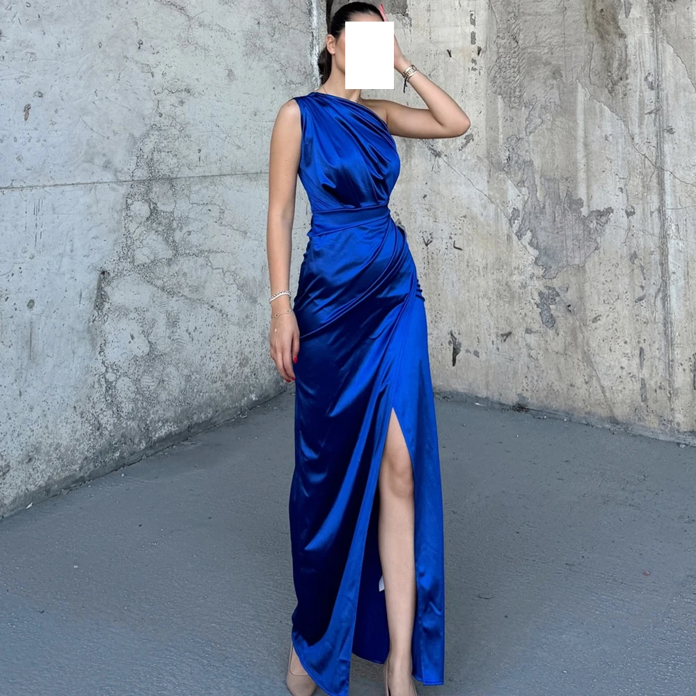 

Dubai Evening Caftan Dress Straight Ankle Length Satin Sleeveless Fashion Solid Color One Shoulder Bespoke Occasion Gowns Formal