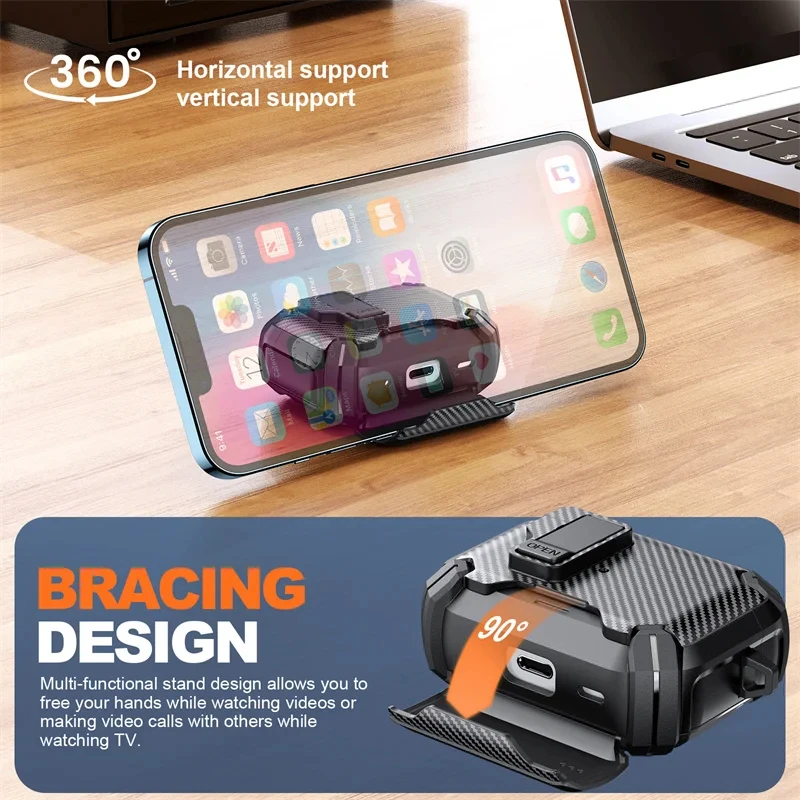 Safety Lock Carbon Fiber Phone Holder Bluetooth Headset Cover For AirPods 4 Pro 3 2 Anti Fall Protective Earphone Case With Hook - view 5