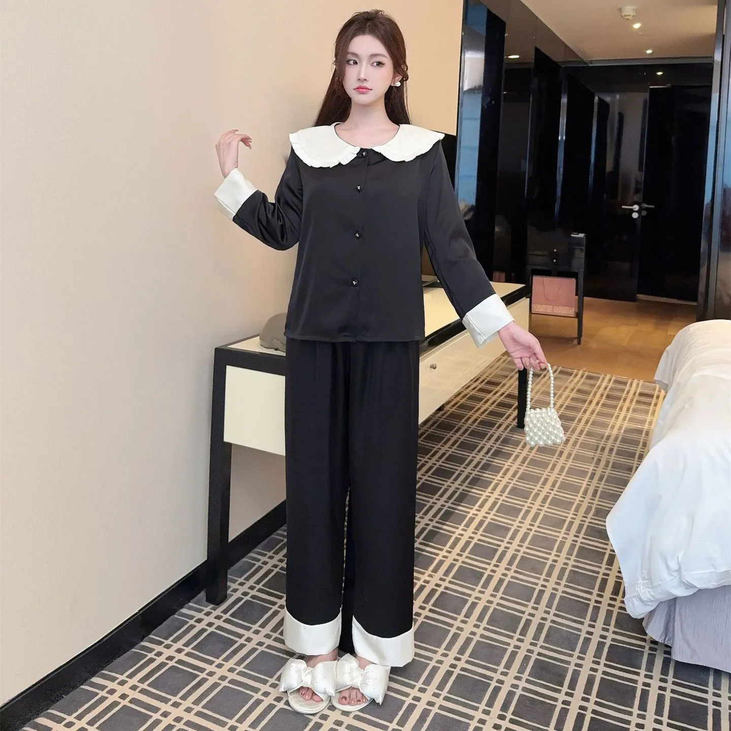 

Spring Summer Long Sleeve Pajama Sets Sleepwear Women Cute Lapel Collar Shirt Pants 2Pcs Pijamas Homewear