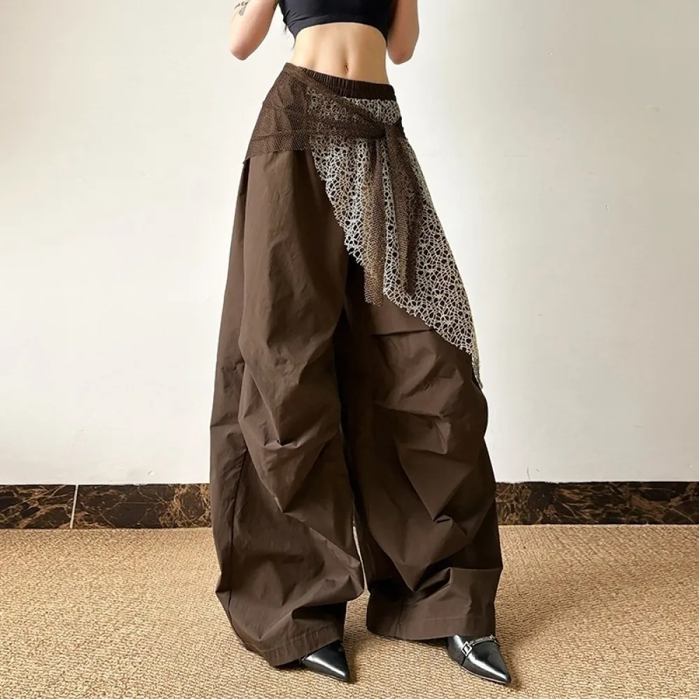 SylCue Mesh Patchwork Long Pants Woman Autumn Trend High Waist Skinny Stretch Daily Street Casual Versatile Style Classic Bottom