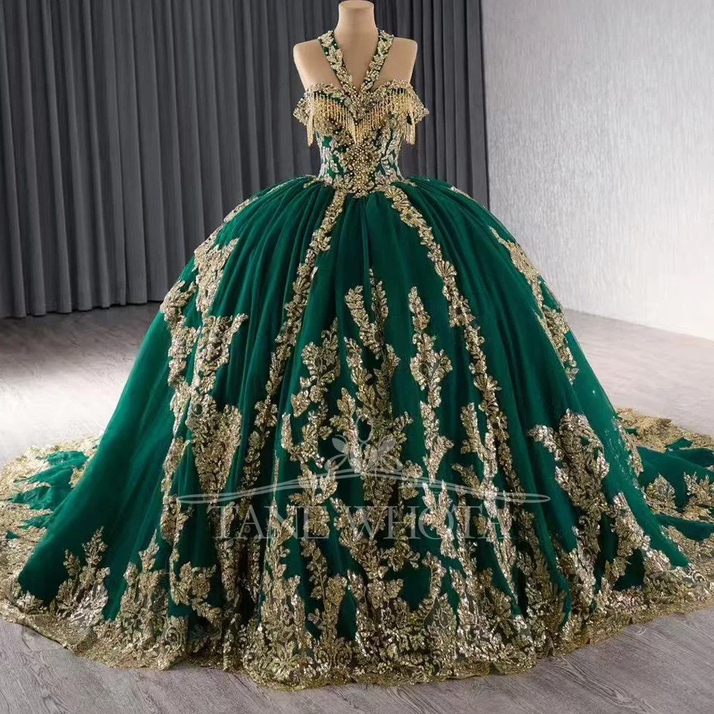 Luxury Green Customizable Evening Dress Halter Off The Shoulder Lace Up Back Beaded Sequined Vestidos De Noite