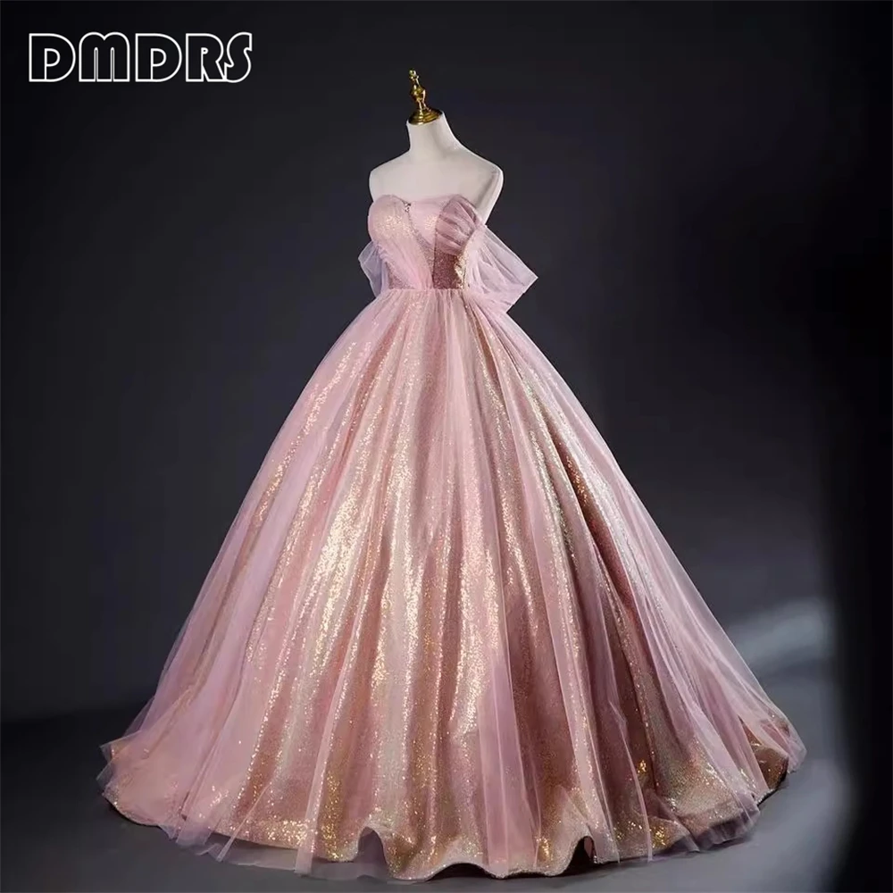 Pink Sequins Ball Gown Prom Dress with Tulle Off Shoulder Formal Dresses for Women Lace-up Back Sweet 15 16 Dresses Sparkle Gown