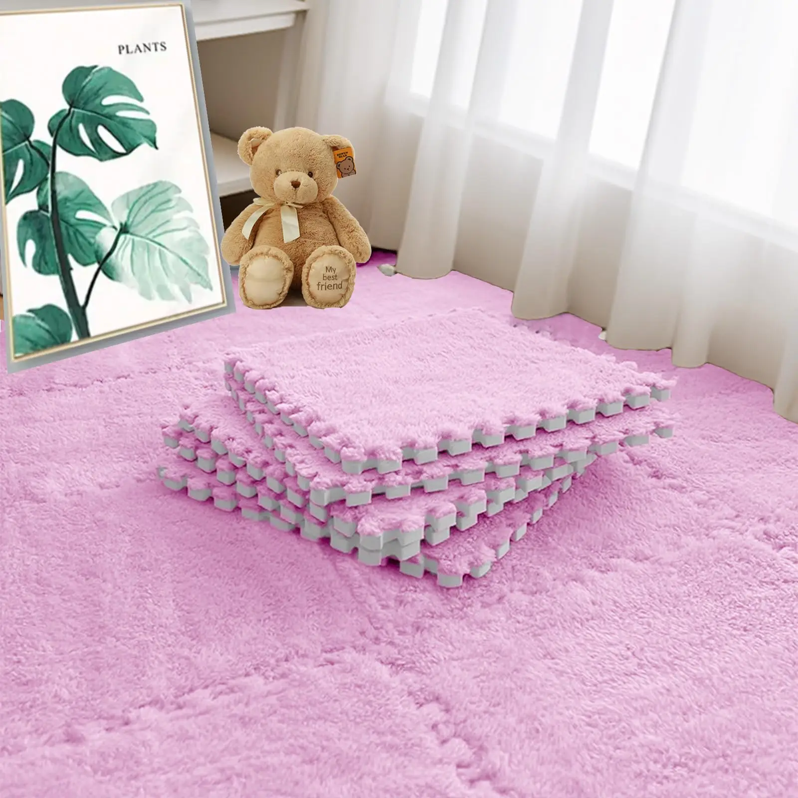 Interlocking EVA Foam Puzzle Mats Soft Plush Floor Tiles Square Area Rugs Non-Slip for Kids Playroom Bedroom Living Room view 5