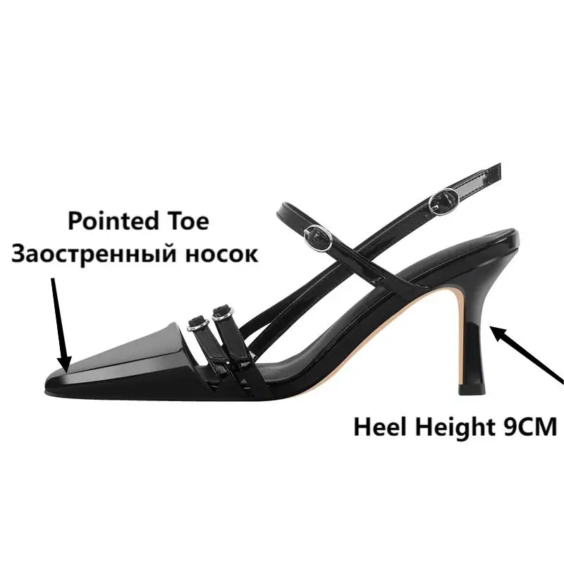 Onlymaker Women Red Pointed Toe Sandals Blac Patent Leather Ankle Buckle Thin High Heels Summer Sling- Backs Sandals