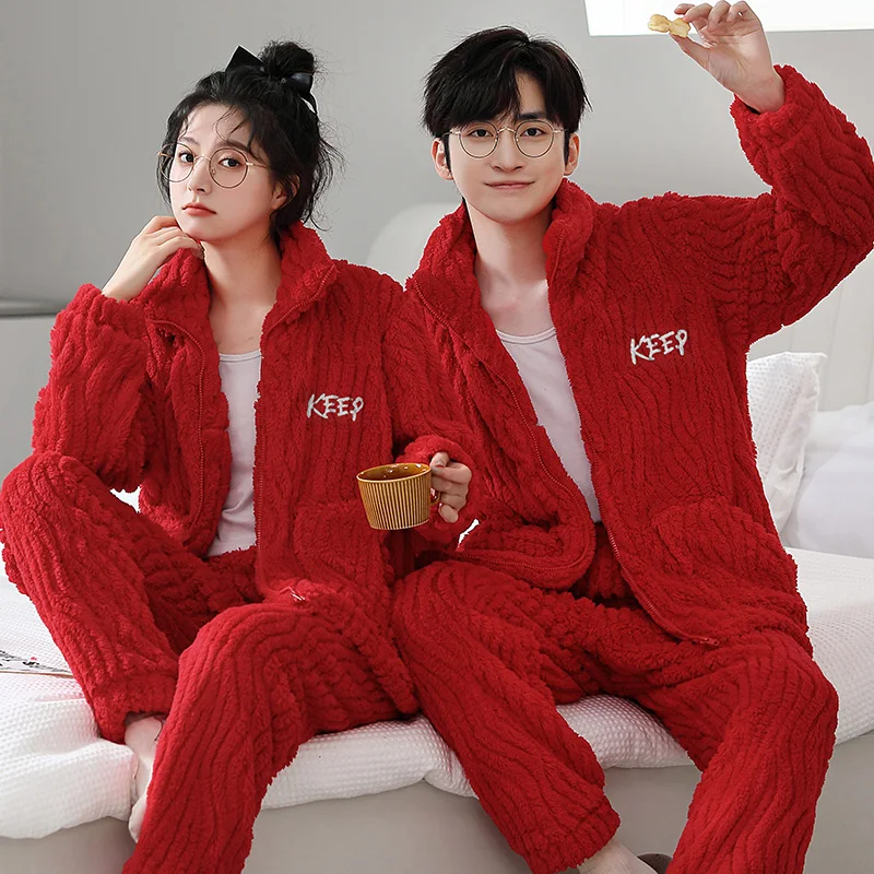 Wedding Red Color Pajamas Set for Winter Warm Zipper Home Clothes Women and Men Matching Sleepwear Married Nightwear Couples