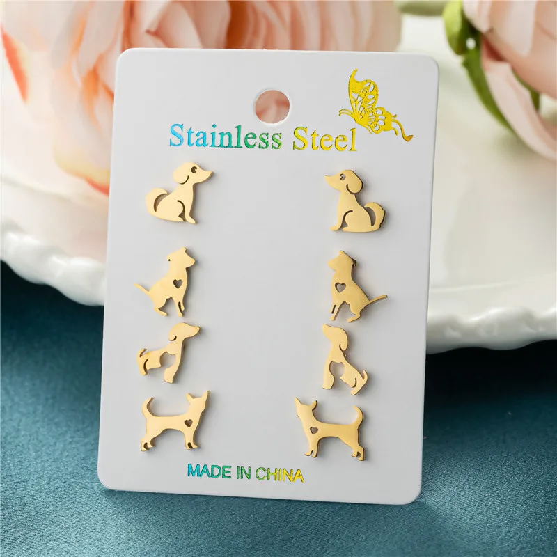 4Pairs/Lot Fashion Sausage Dog Earings Cartoon Jewelry Small Animal Stainless Steel Metal Puppy Stud Earrings Women Pendiente