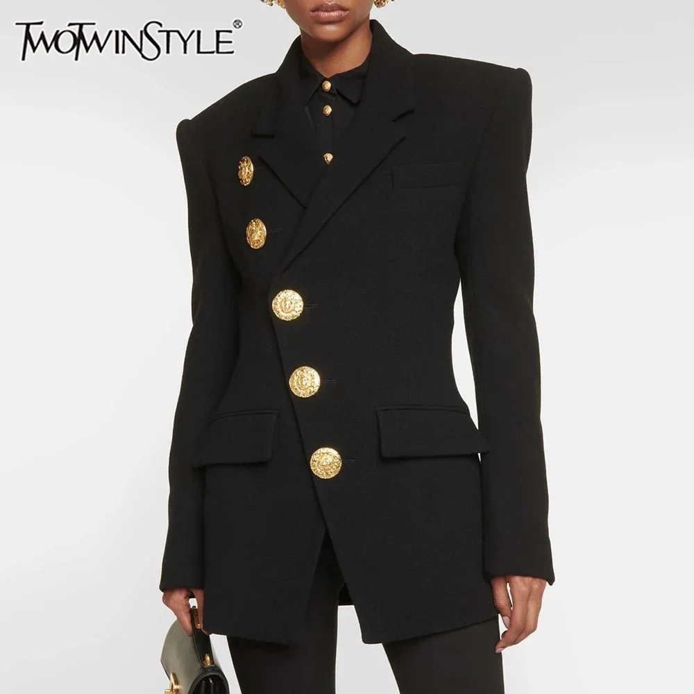 

TWOTWINSTYLE однотонные свободные модные куртки на пуговицах для женщин с лацканами и длинными рукавами, лоскутная женская темпераментная куртка на молнии