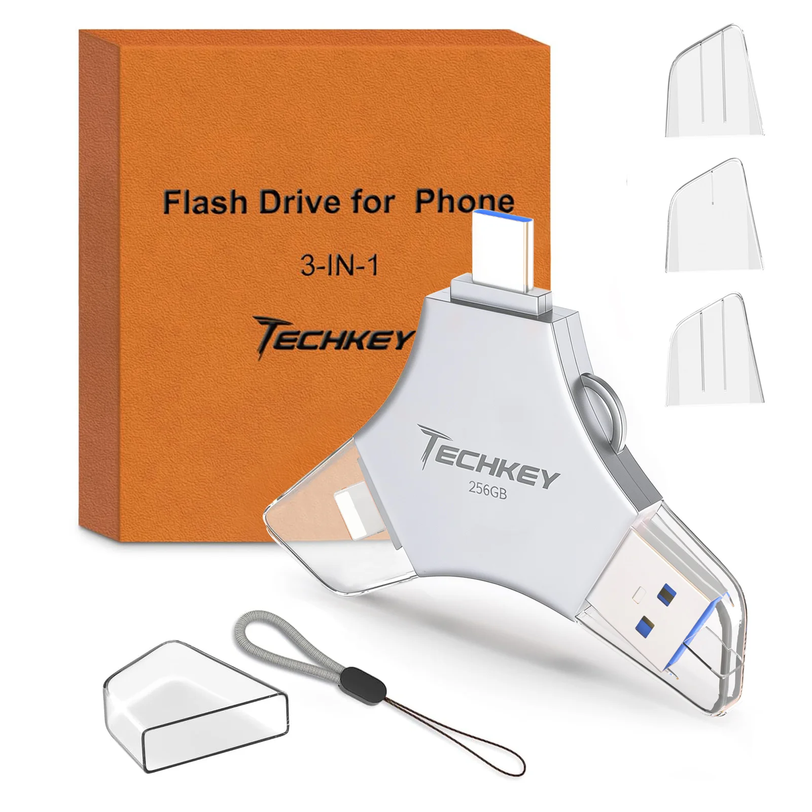 Techkey USB Flash Drive 256GB for iPhone/iPad , 3in1 Silver External Memory Photo Storge Keeper, Type c/USB 3.0/USB C High Speed