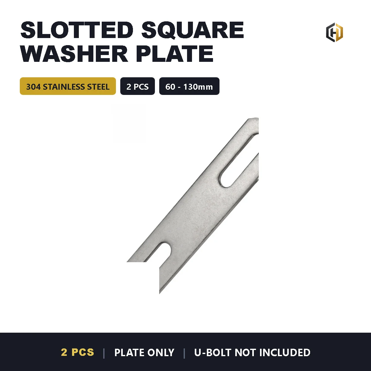 2PCS 304 Stainless Steel Slotted Square Washer Plate 60x20mm to 130x20mm for U Bolt Pipe Fixing Bracket