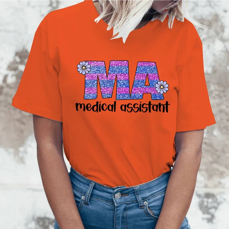 Hot Ma Medical Assistant Printed T-Shirts For Women Short Sleeve Funny Ma Medical Assistant Round Neck Tee Shirt Casual Summer T